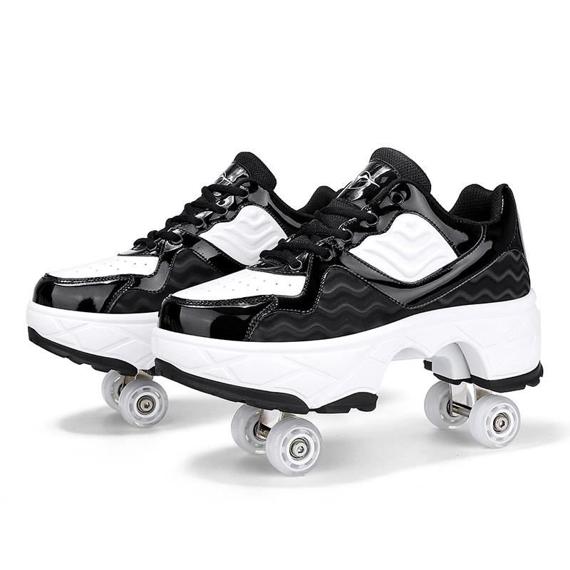Retractable Dual-purpose Roller Skates - Size 33 Deformable Four-wheel - Df09 Black - 37