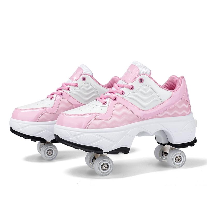 Retractable Dual-purpose Roller Skates - Size 33 Deformable Four-wheel - Df09 Pink - 37
