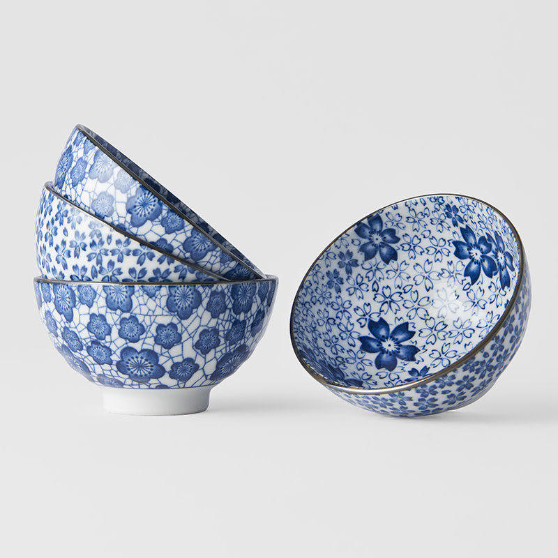 Bowl Set 4pcs Blue Plum Cherry Blossom Design