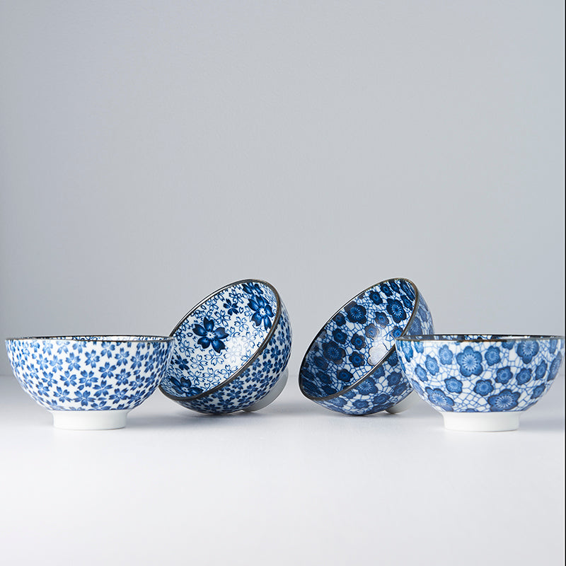 Bowl Set 4pcs Blue Plum Cherry Blossom Design