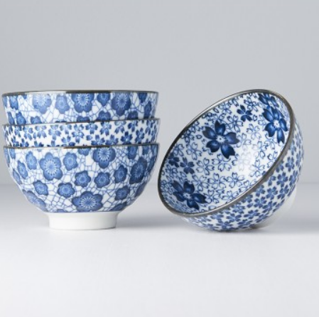 Bowl Set 4pcs Blue Plum Cherry Blossom Design