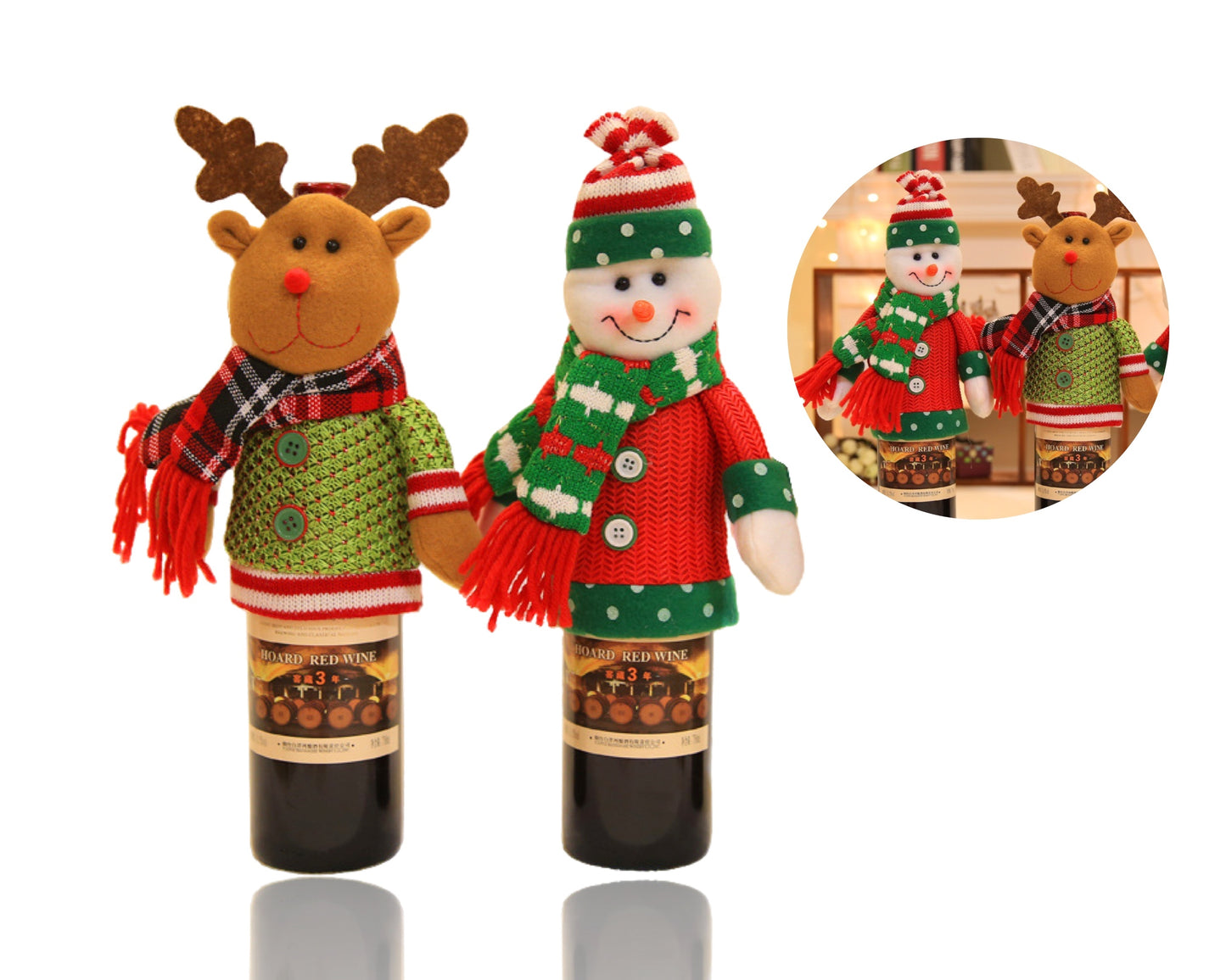 bulk 12 Xmas Bottle Costume Reindeer & Snowman Assort 19cm