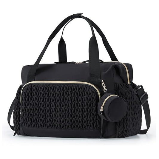 Black Large Quilted Diaper Bag Tote - Multi-functional Travel Baby Bag with Changing Pad and Pacifier Pouch - Stylish Hospital Bag for Labor and Delivery