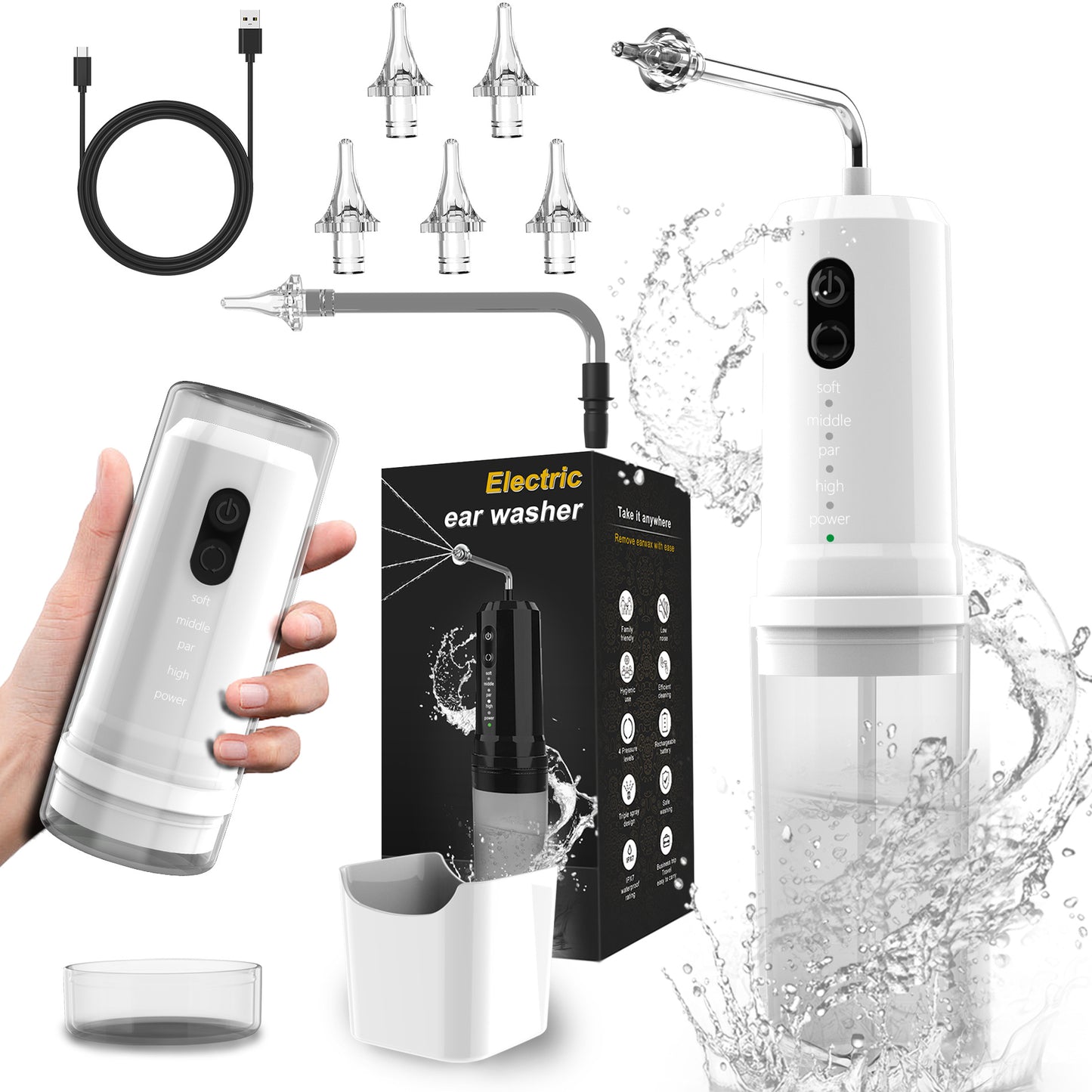 White Electric Ear Wax Removal Kit - Rechargeable Water Irrigator Cleaner Tool