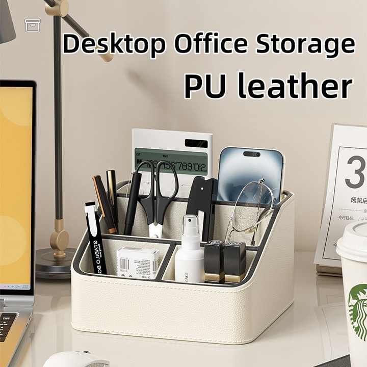 Pink and Black Stylish PU Leather Desktop Organizer Caddy - Multi-Compartment Holder for Remotes, Office Supplies, Makeup