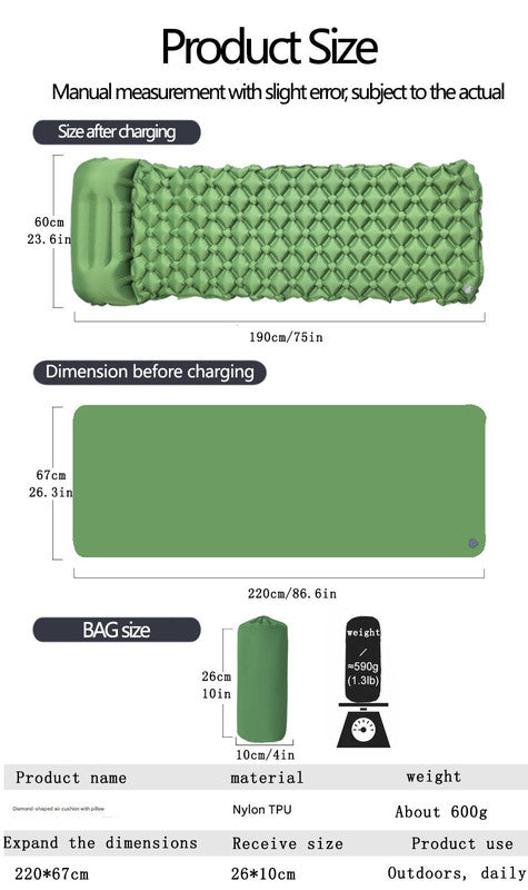 2pc Ultralight Inflatable Camping Sleeping Mat with Integrated Pillow - Waterproof 40D Nylon TPU(Royal Blue)