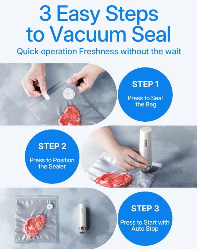Portable Handheld Vacuum Sealer - Wireless Rechargeable Food Saver Pump - Compact Electric Kitchen Gadget for Meal Prep & Sous Vide - Black