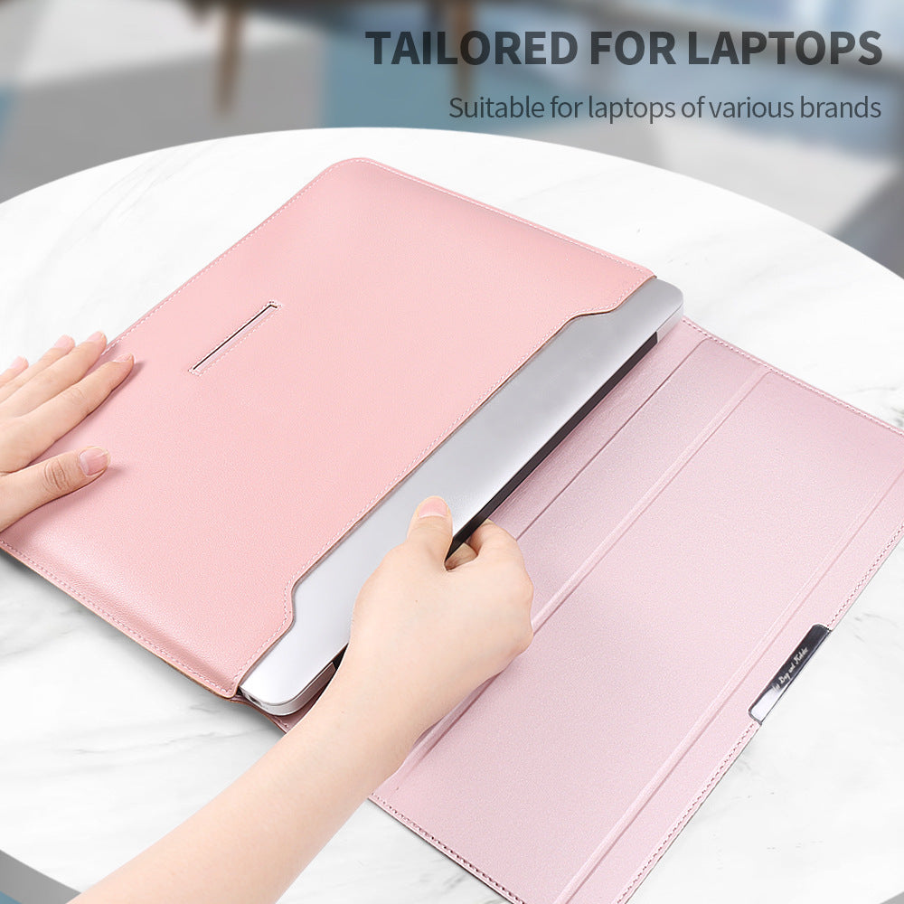 Black 3-in-1 Laptop Sleeve with Built-In Stand & Wrist Rest – Waterproof PU Protective Case for 13/14 Inch Laptops, Portable and Ergonomic Design
