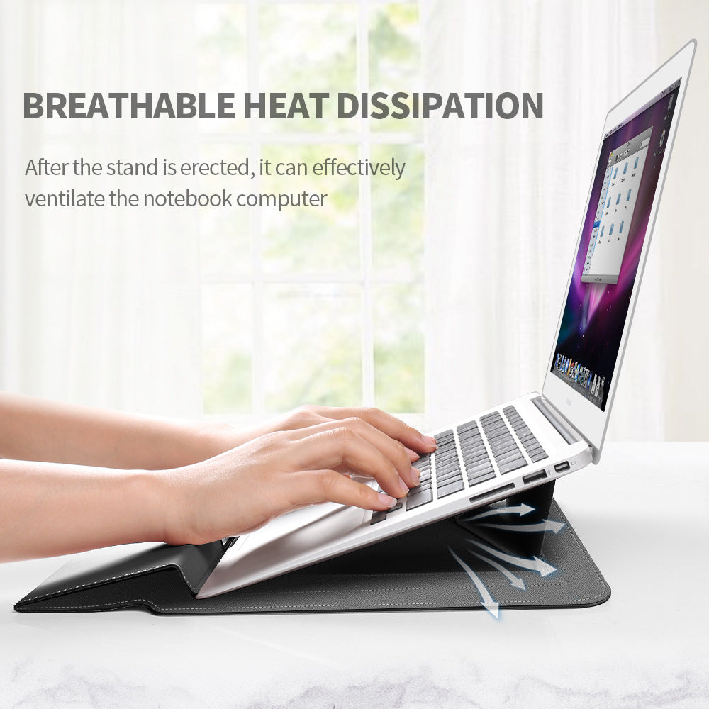 Brown 3-in-1 Laptop Sleeve with Built-In Stand & Wrist Rest – Waterproof PU Protective Case for 15/16 Inch Laptops, Portable and Ergonomic Design