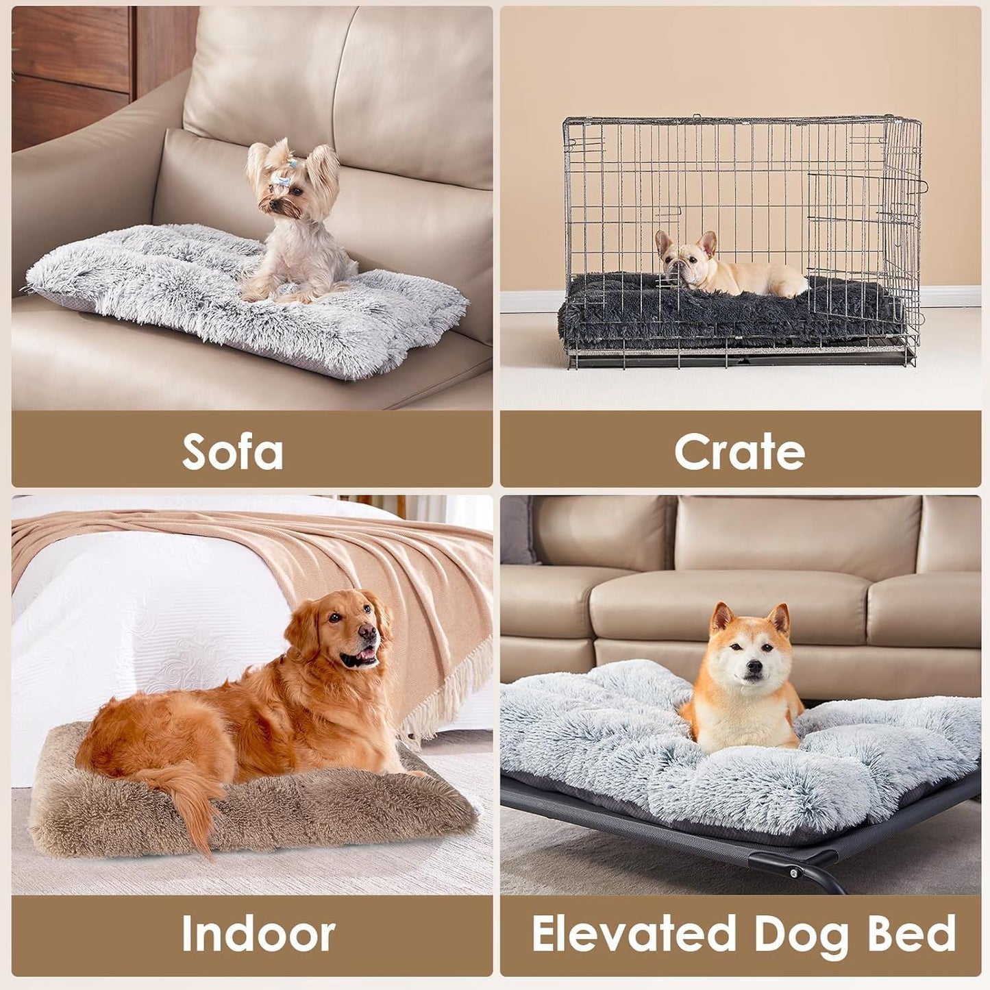 Luxury Long Plush Pet Bed Mat Faux Fur Crate Pad 80x55cm Brown Soft Warm Cushion for Medium to Large Dogs