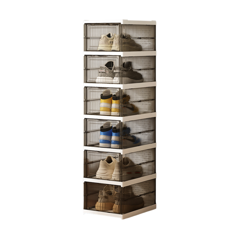 Transparent Grey 6-Layer Foldable Shoe Storage Tower with Transparent Display Panel & Back Ventilation - One-Pull Instant Setup Stackable Box (25.5x34.5x105CM)