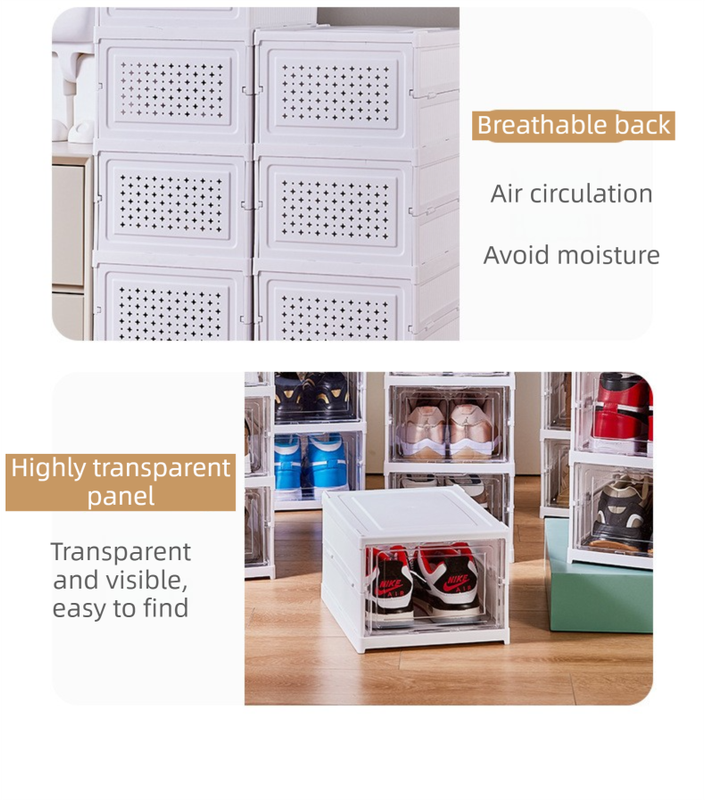 Transparent Brown 3-Layer Foldable Shoe Storage Tower with Transparent Display Panel & Back Ventilation - One-Pull Instant Setup Stackable Box (25.5x34.5x52.5CM)