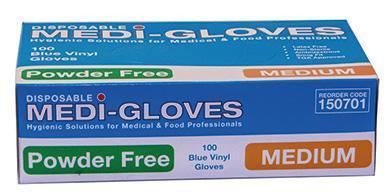 Gloves 100  Vinyl Blue Medium Powder Free